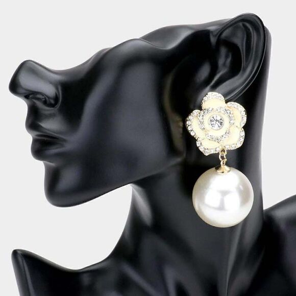 Enamel White Camellia Flower Pearl Gold Earrings - Picture 3 of 5